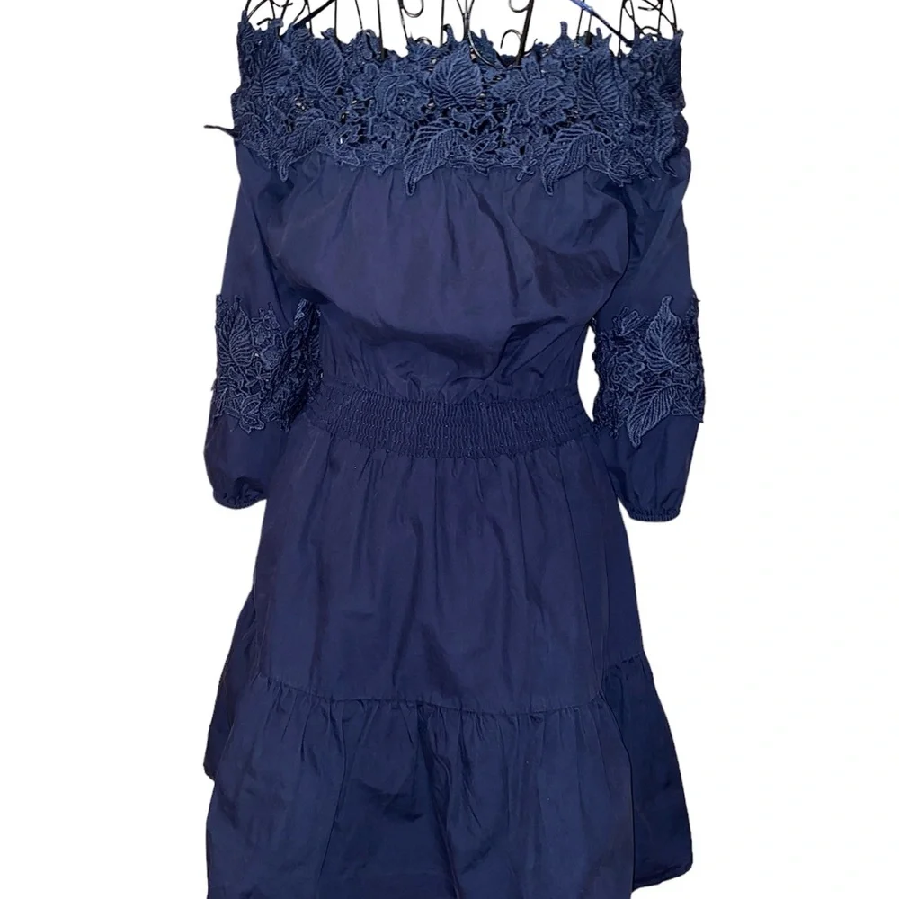 Navy Blue Off-Shoulder Cotton  Dress - Picture 2 of 6